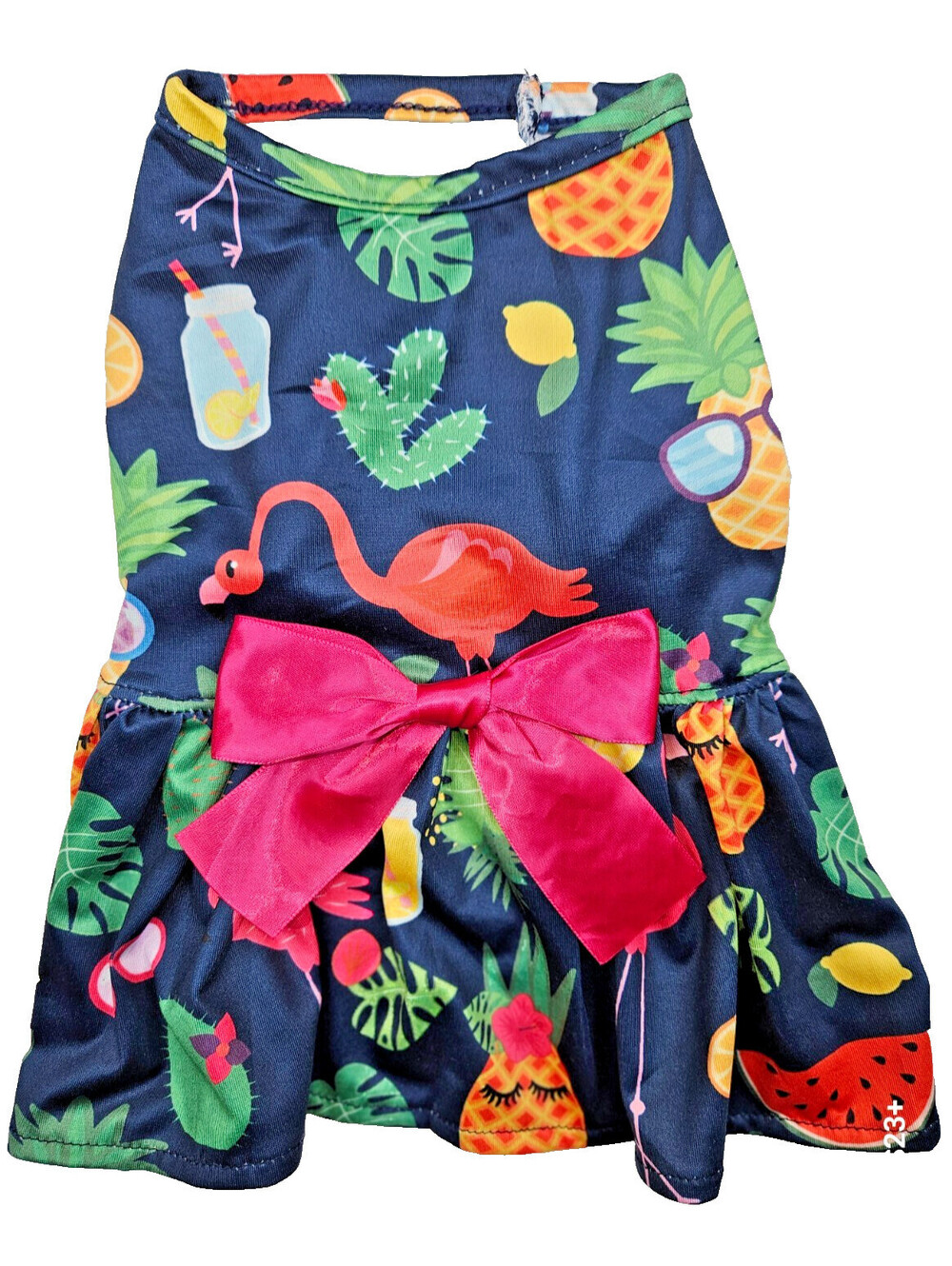 Dog Dress tropical print with flamingos, pineapples &cacti with bright pink bow